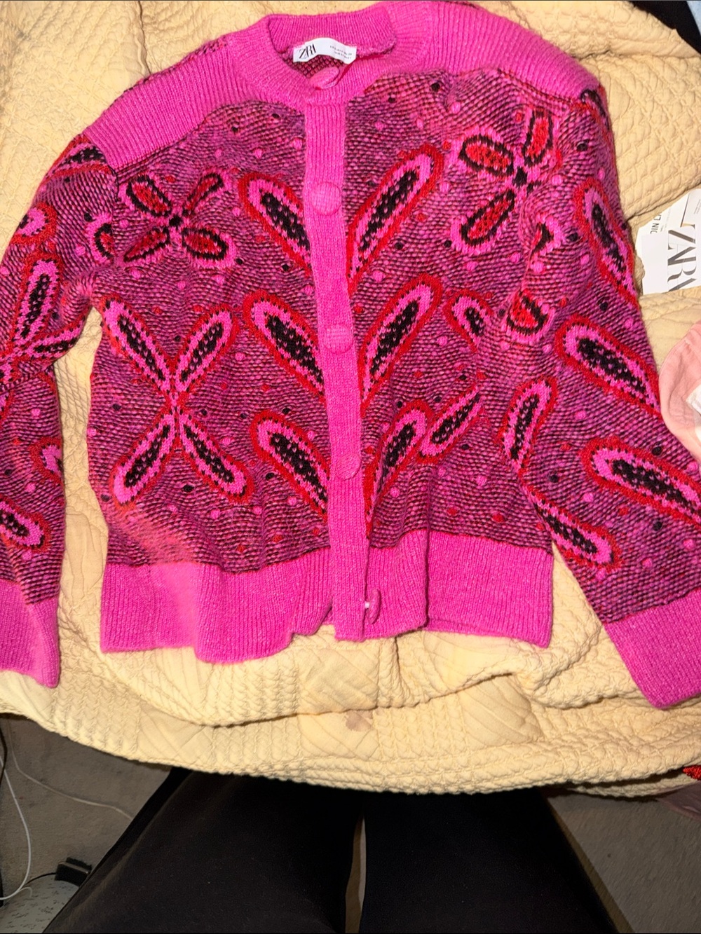 Zara Hot Pink Floral Knit Button-Up Cardigan